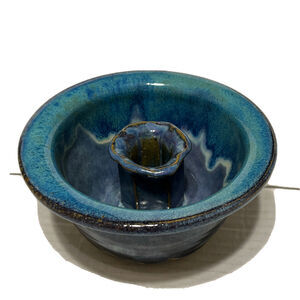 Smoky Mountain Pottery Candle Holder Glazed Blue Round Hand Made Gatlingburg TN